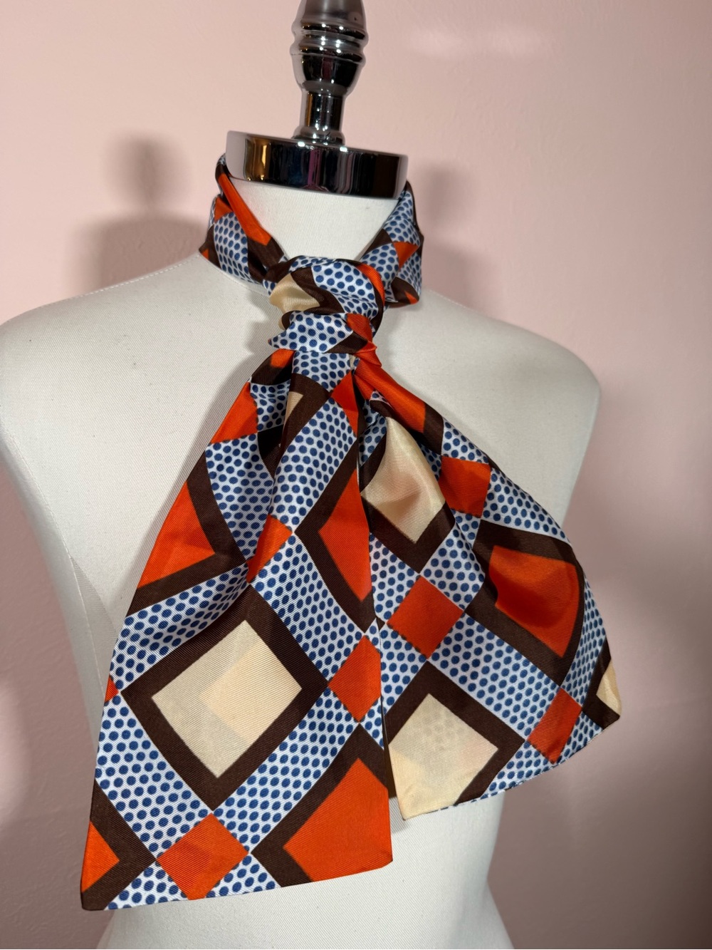 Vintage 1960’s vivid wild geometric print orange blue wide Twilly neck scarf